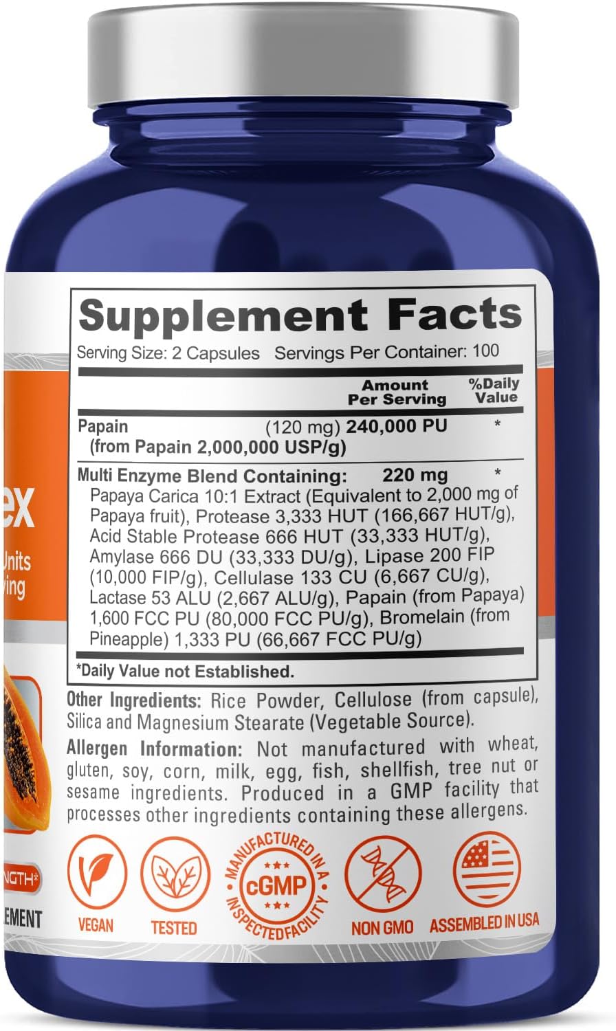 240,000 PU Papaya Papain Enzyme Complex - 200 Veggie Capsules - Non-GMO, Vegetarian Formula by NusaPure