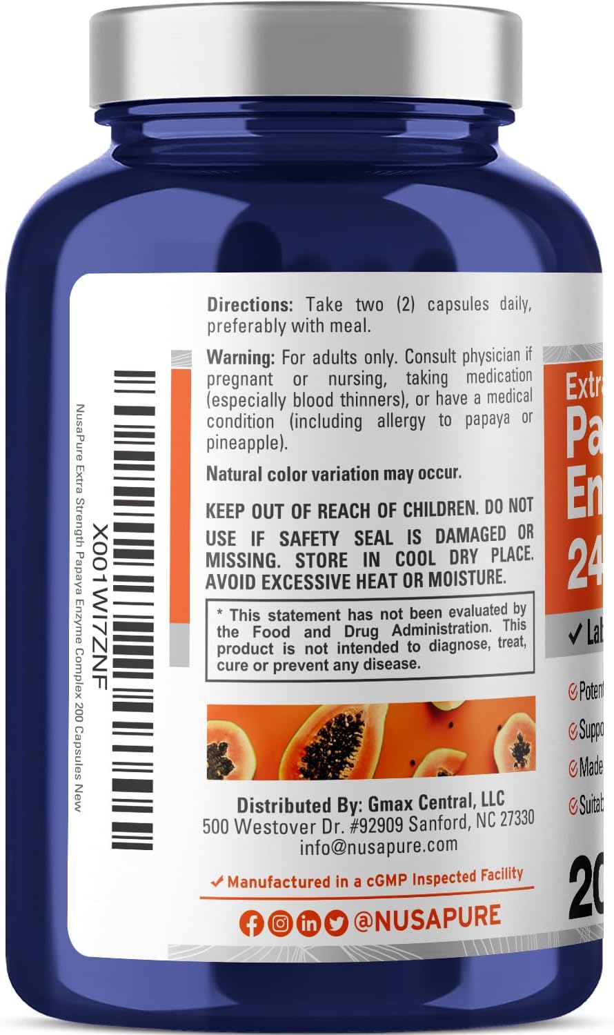 240,000 PU Papaya Papain Enzyme Complex - 200 Veggie Capsules - Non-GMO, Vegetarian Formula by NusaPure