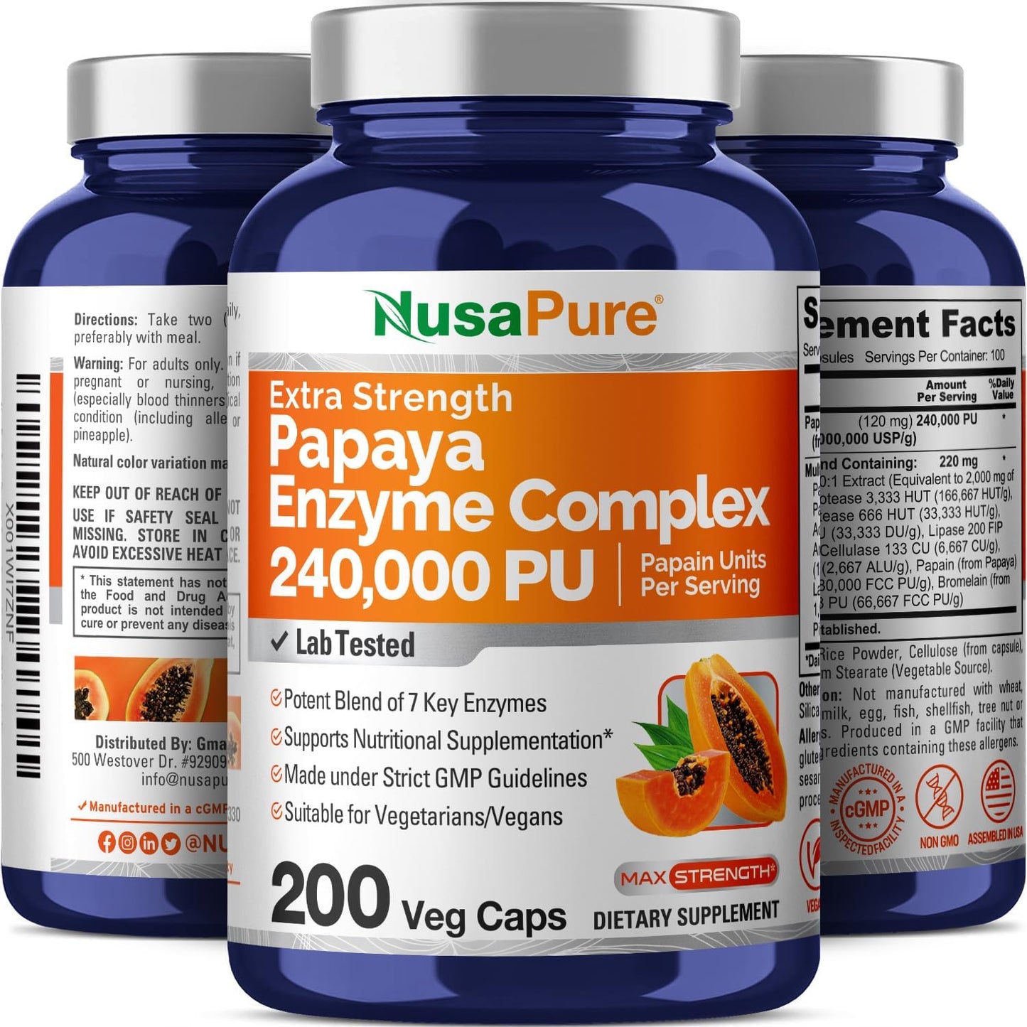 240,000 PU Papaya Papain Enzyme Complex - 200 Veggie Capsules - Non-GMO, Vegetarian Formula by NusaPure