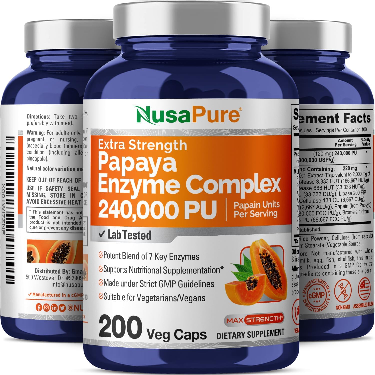 240,000 PU Papaya Papain Enzyme Complex - 200 Veggie Capsules - Non-GMO, Vegetarian Formula by NusaPure