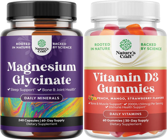 240ct Nature's Craft Magnesium Glycinate & Vitamin D3 Gummies Bundle for Mood, Sleep, Relaxation, Wellness, Bone & Immune Support