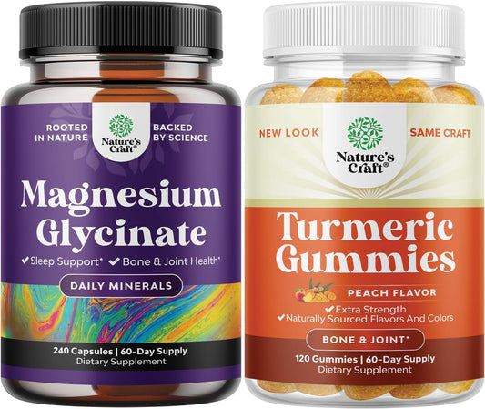 240ct Natures Craft Pure Magnesium Glycinate 400mg for Mood, Sleep, and Relaxation + Turmeric Gummies for Adults - Peach Flavor Joint Support