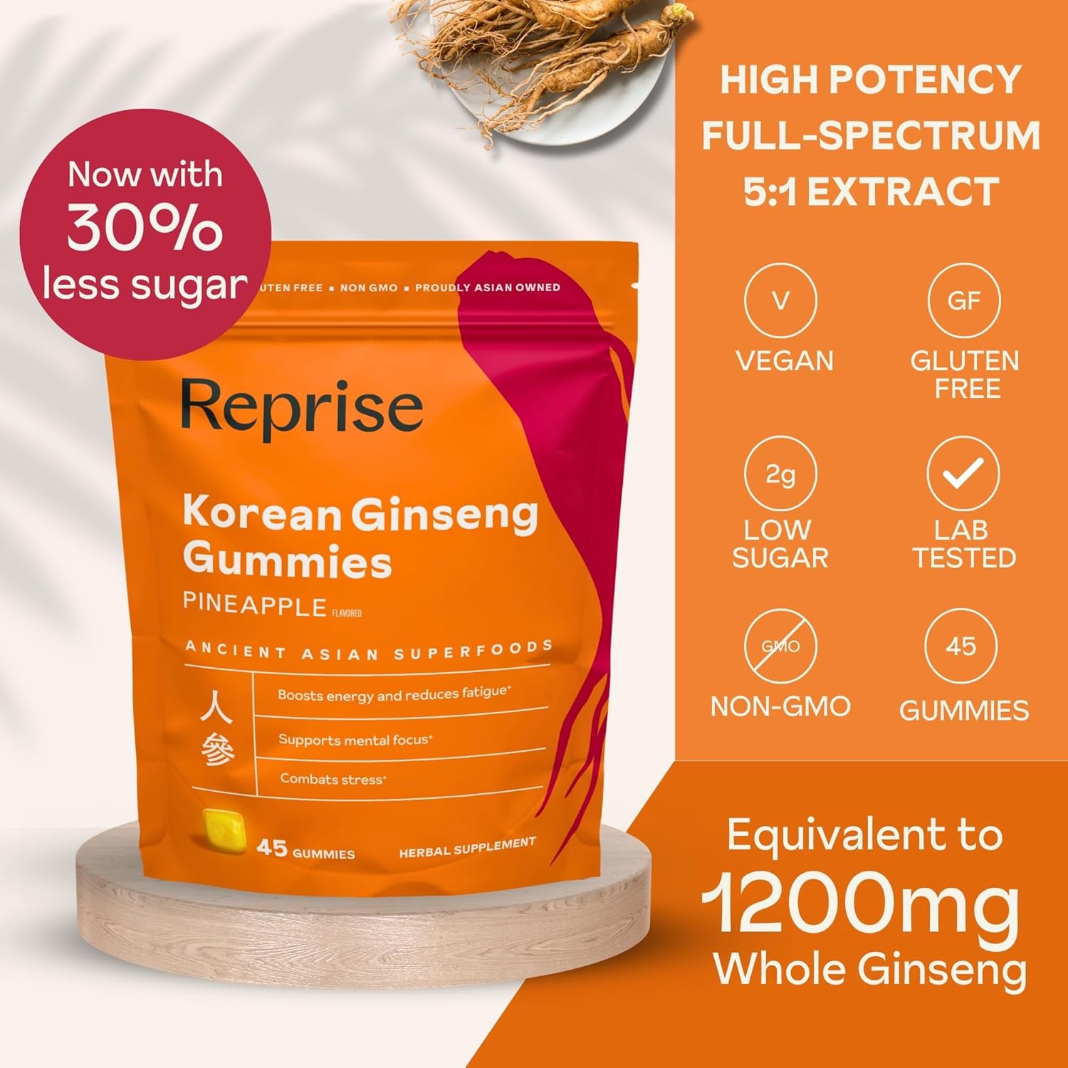 240mg Korean Red Ginseng Gummies for Energy, Memory, and Immunity - 45 Count