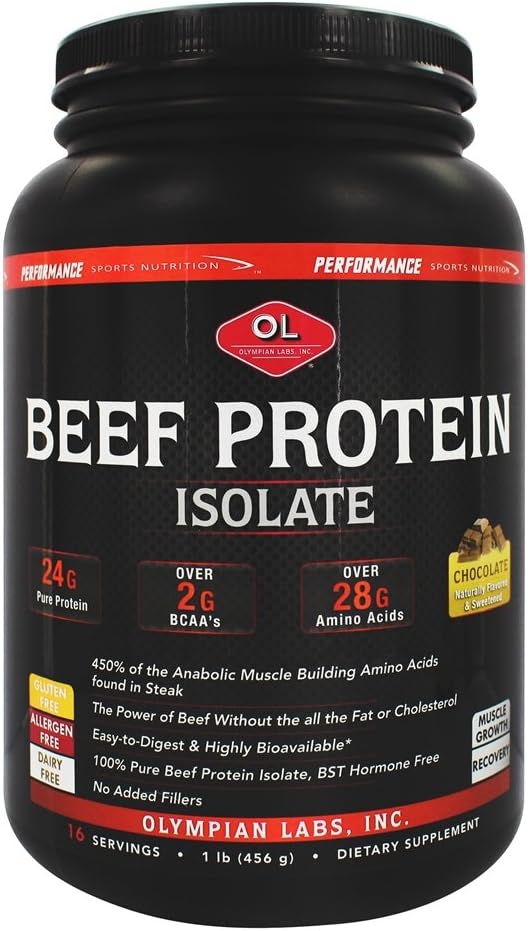 24g Beef Protein Isolate Powder with BCAA's & Real Chocolate Flavor - 1lb Pack, BST Free & Muscle Building Amino Acids