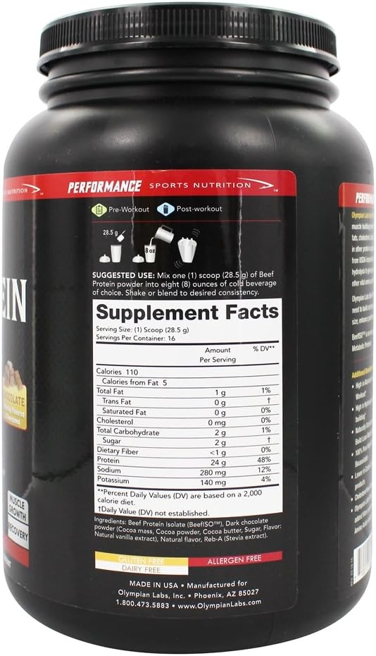 24g Beef Protein Isolate Powder with BCAA's & Real Chocolate Flavor - 1lb Pack, BST Free & Muscle Building Amino Acids