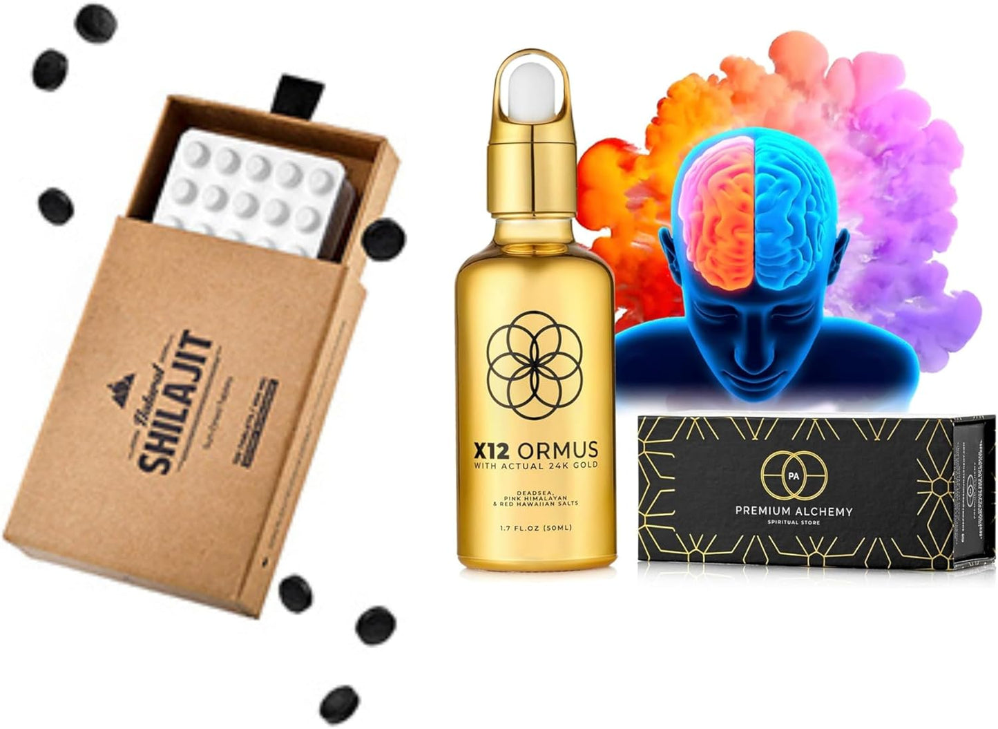 24k Gold Ormus Concentrate x12 & Natural Shilajit Tablets - High Potency Formula for Men & Women - 1.7 fl. oz & 120 Count