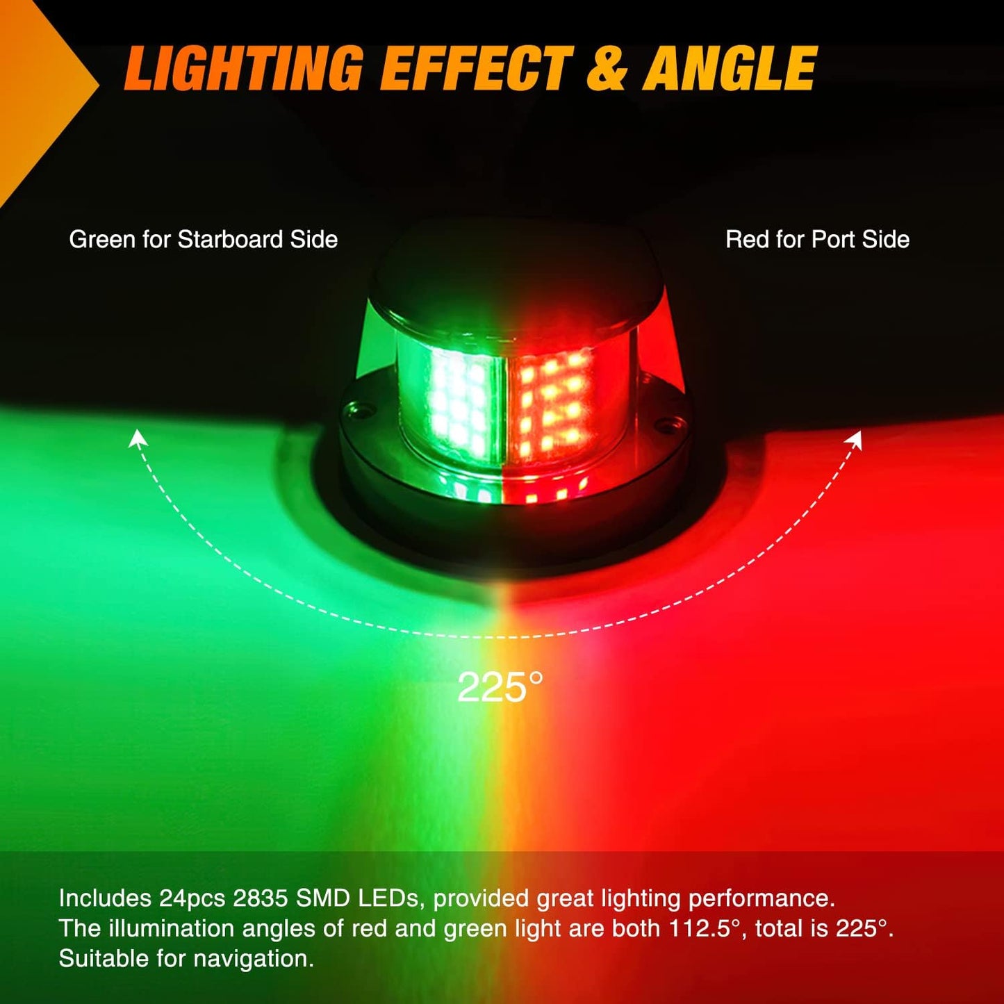 24LED Waterproof Marine Boat Navigation Light Set - Red Green LED Port Starboard Signals for Skeeter Yacht, Pontoon, Speedboat, Sailboats & Fishing Boats - 12V Bow Light