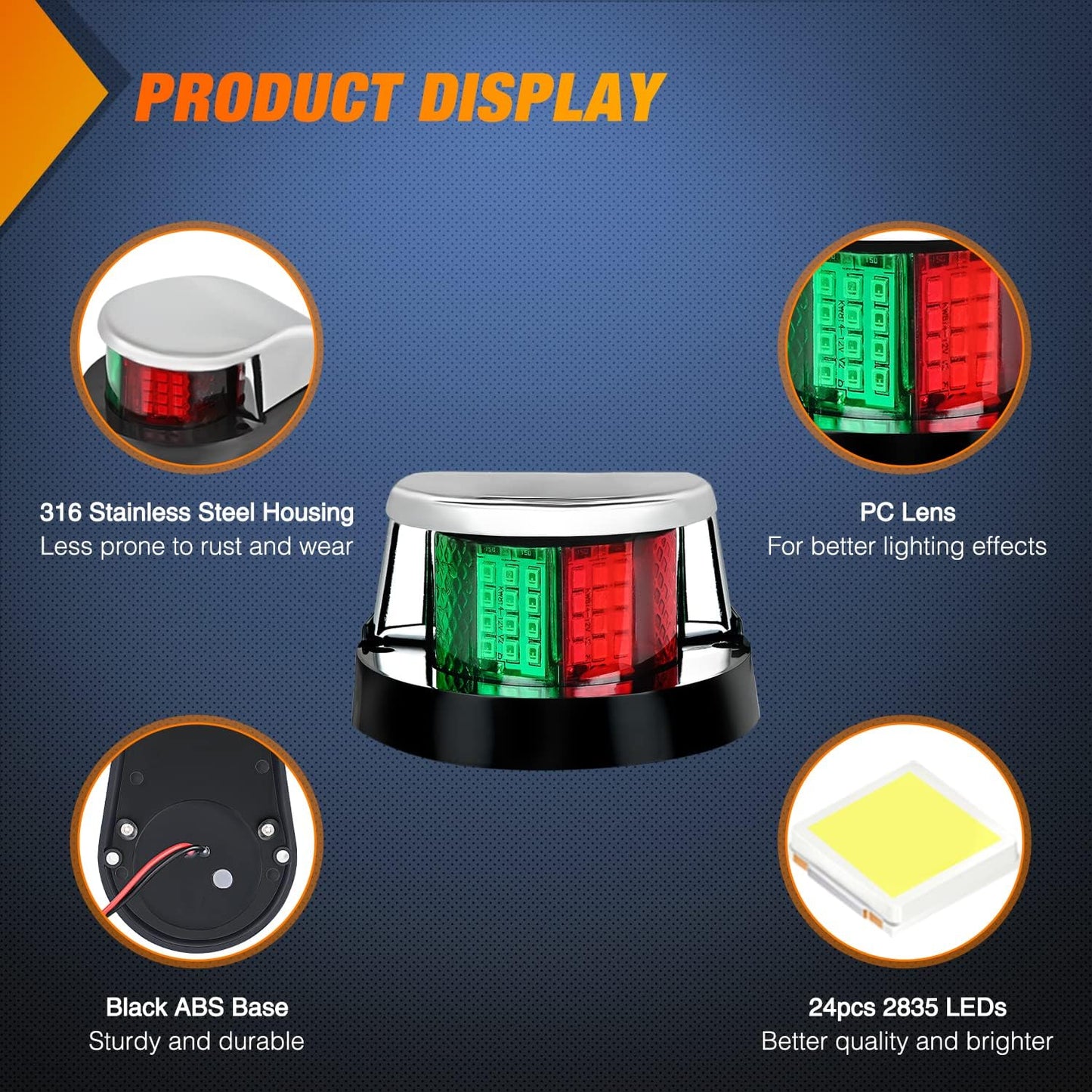 24LED Waterproof Marine Boat Navigation Light Set - Red Green LED Port Starboard Signals for Skeeter Yacht, Pontoon, Speedboat, Sailboats & Fishing Boats - 12V Bow Light