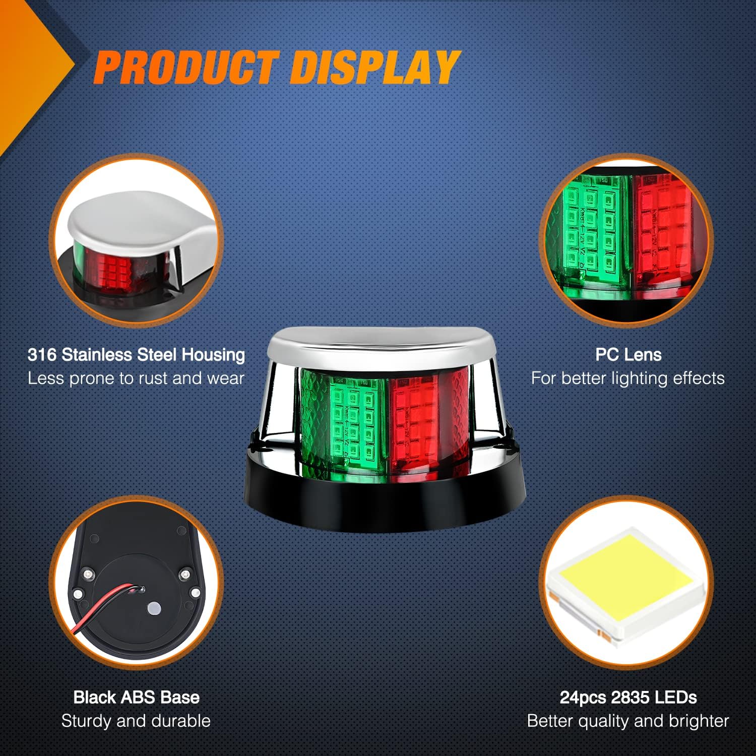 24LED Waterproof Marine Boat Navigation Light Set - Red Green LED Port Starboard Signals for Skeeter Yacht, Pontoon, Speedboat, Sailboats & Fishing Boats - 12V Bow Light