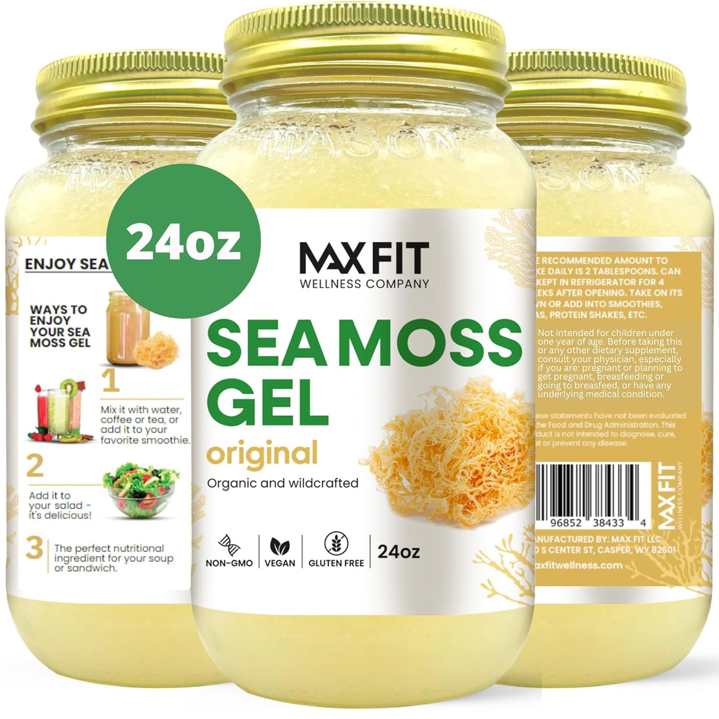 24oz MAX FIT Organic Raw Sea Moss Gel from Saint Lucia - 12 Flavors | Wildcrafted Gold Sea Moss | 92 Vitamins & Minerals | Non-GMO Vegan Superfood