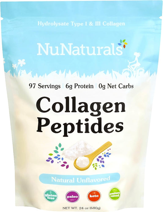 24oz NuNaturals Collagen Peptides Powder for Skin, Hair, Nail, and Joint Health (Type I, III)