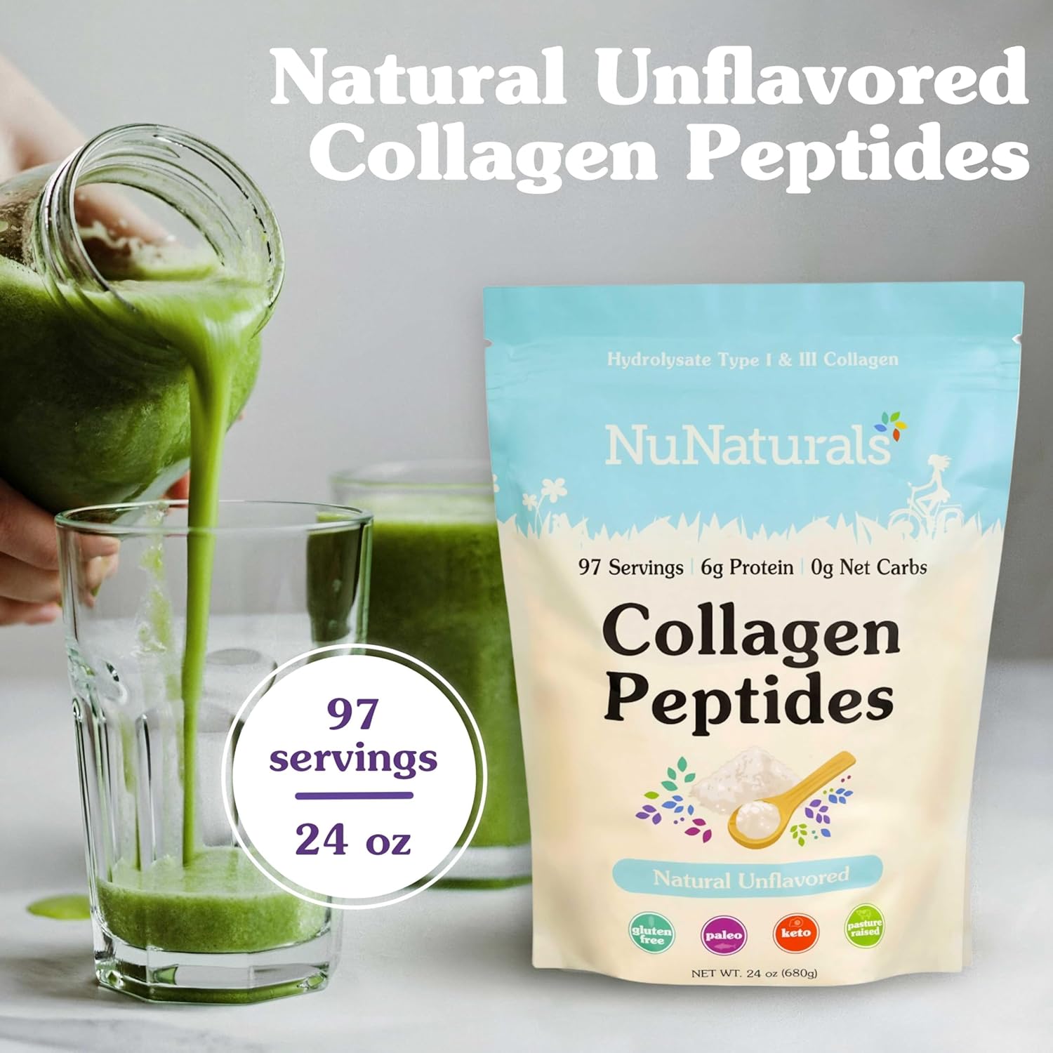 24oz NuNaturals Collagen Peptides Powder for Skin, Hair, Nail, and Joint Health (Type I, III)