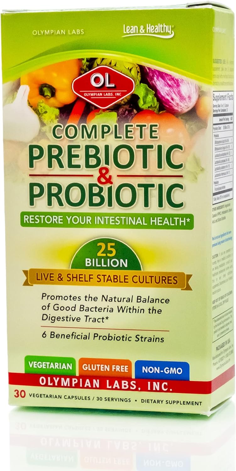 25 Billion Live Probiotic & Prebiotic Supplement for Digestive Balance - 30 Vegetarian Capsules by Olympian Labs