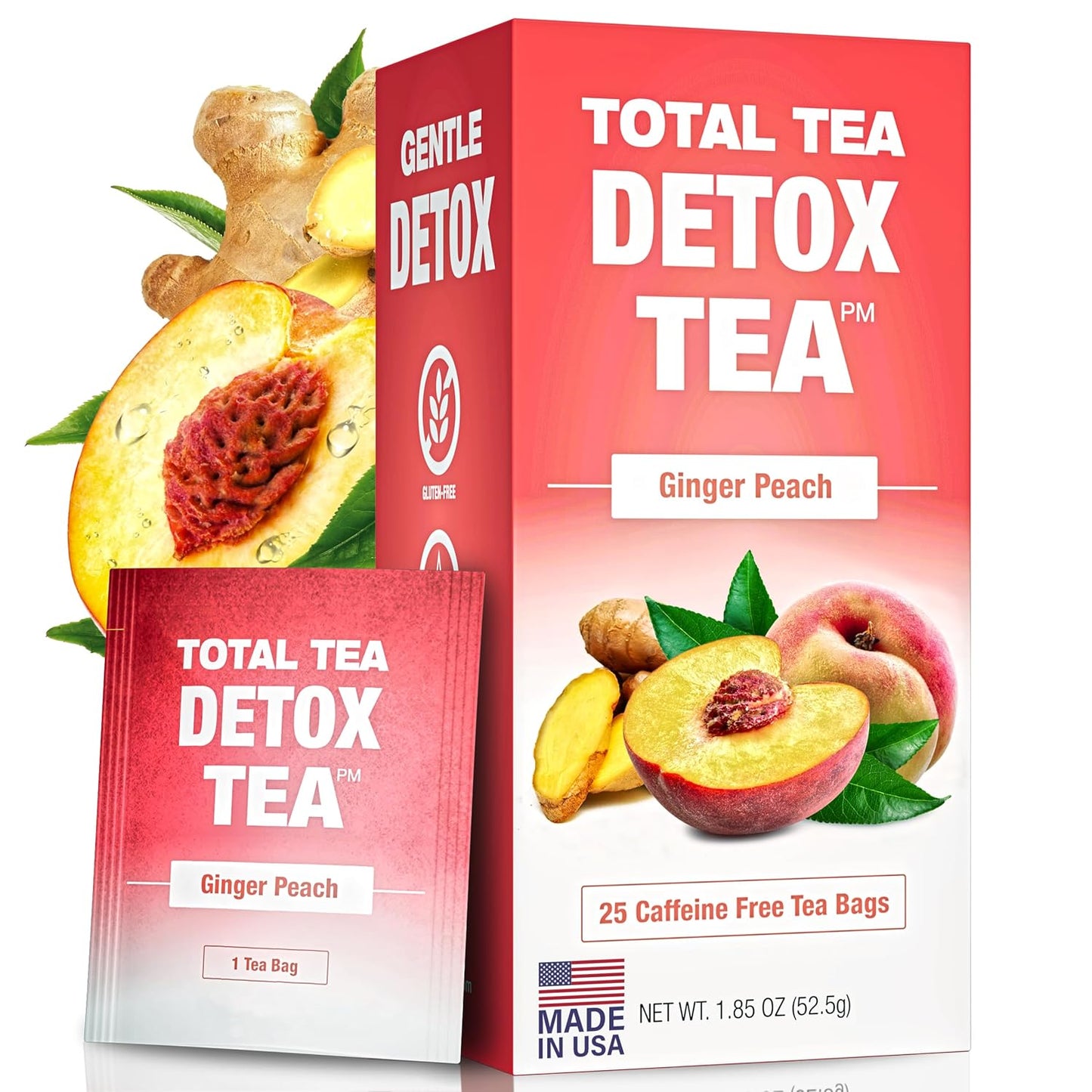 25-Day Caffeine-Free Herbal Slimming Detox Tea with Chamomile, Hibiscus, and Ginger - Colon Cleanse Tea - Natural Digestive Health Tea (25-Pack, Ginger & Peach)