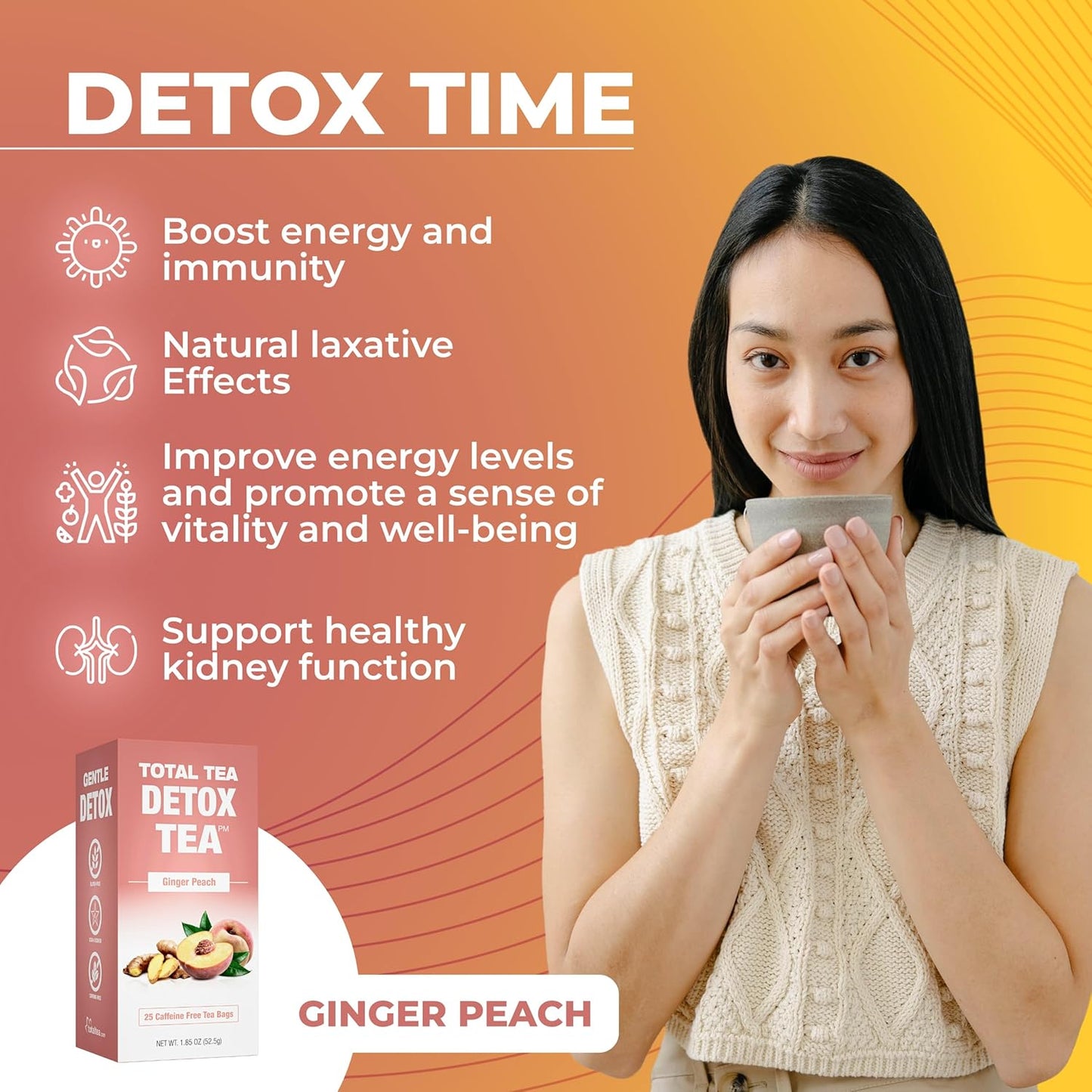 25-Day Caffeine-Free Herbal Slimming Detox Tea with Chamomile, Hibiscus, and Ginger - Colon Cleanse Tea - Natural Digestive Health Tea (25-Pack, Ginger & Peach)