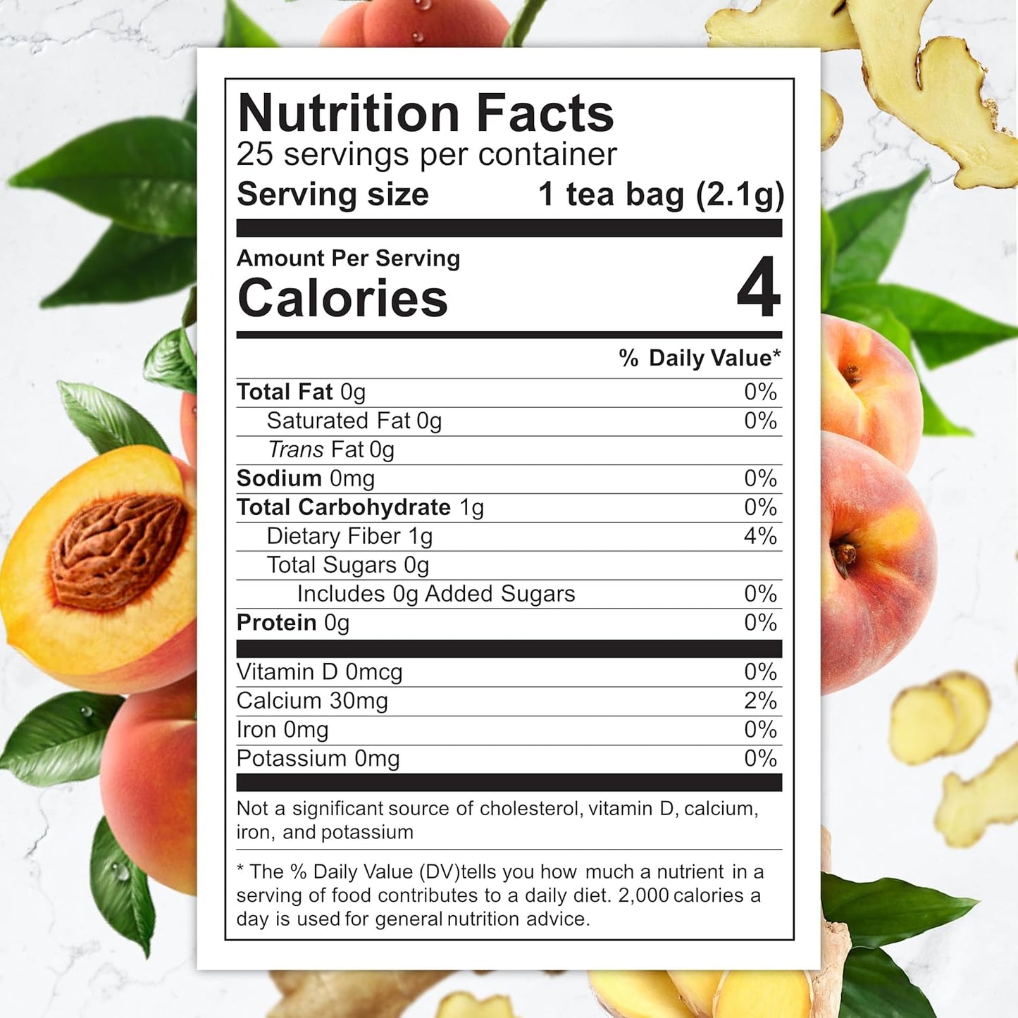 25-Day Caffeine-Free Herbal Slimming Detox Tea with Chamomile, Hibiscus, and Ginger - Colon Cleanse Tea - Natural Digestive Health Tea (25-Pack, Ginger & Peach)