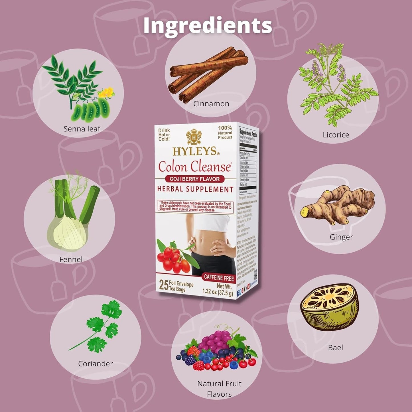 25 Hyleys Goji Berry Colon Cleanse Tea Bags - Natural Detox and Digestive Health Support