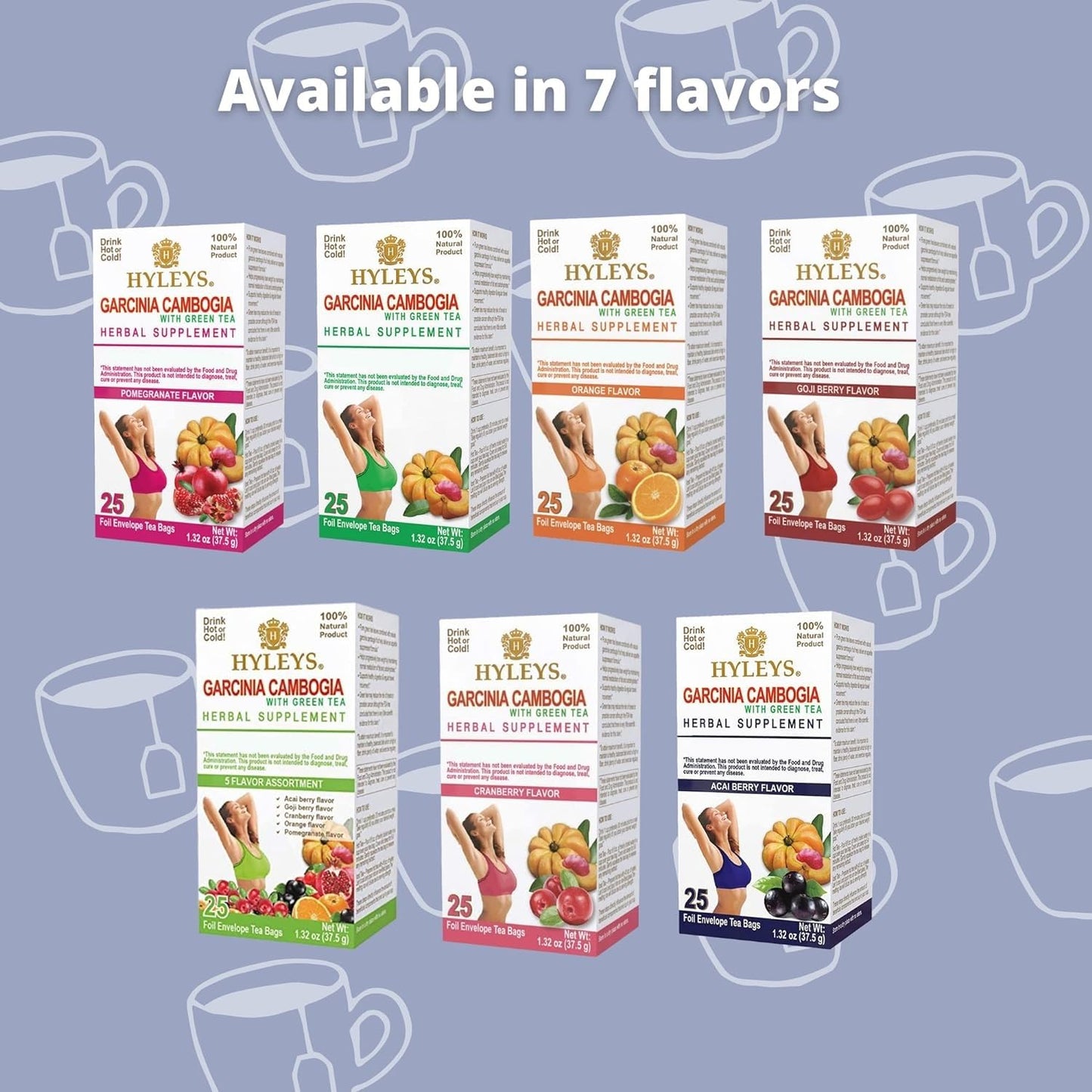 25 HYLEYS Tea Garcinia Cambogia Green Tea with Acai Berry Flavor Bags - Antioxidant Rich Tea Blend
