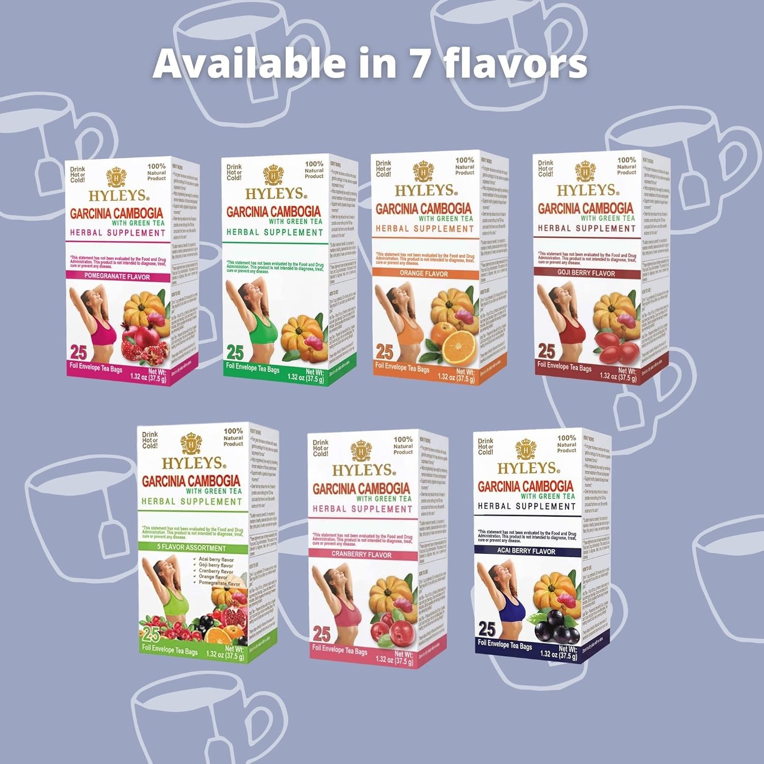25 HYLEYS Tea Garcinia Cambogia Green Tea with Acai Berry Flavor Bags - Antioxidant Rich Tea Blend