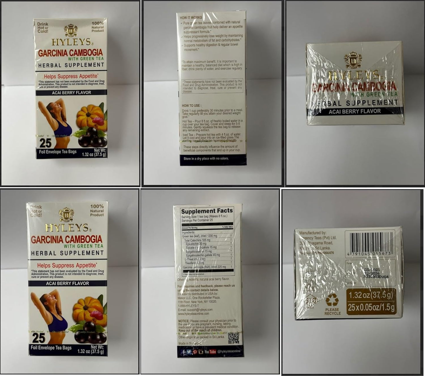 25 HYLEYS Tea Garcinia Cambogia Green Tea with Acai Berry Flavor Bags - Antioxidant Rich Tea Blend