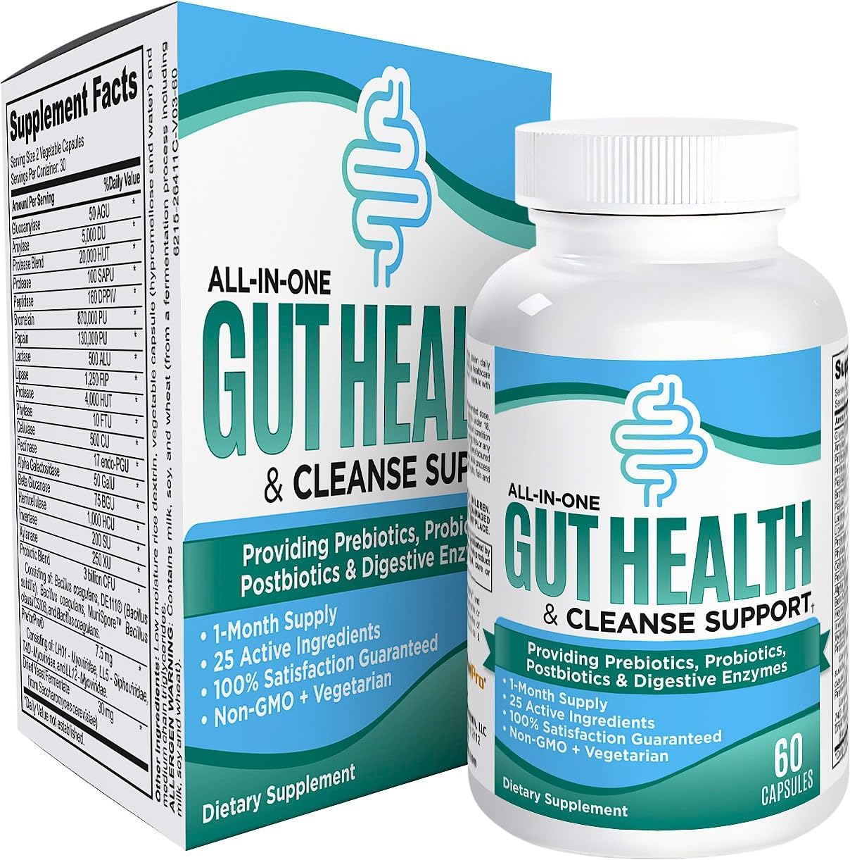 25-in-1 Gut Health Supplements for Gut Microbiome Support - Prebiotics, Probiotics, Postbiotics & Digestive Enzymes - Nutrient Dense Gut Cleanse Detox - 60 Capsules