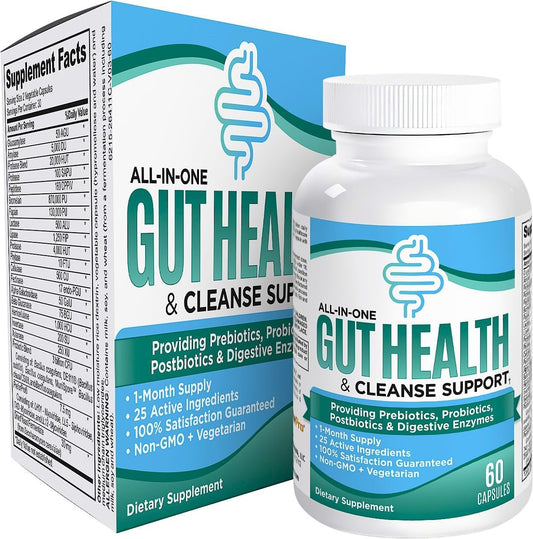 25-in-1 Gut Health Supplements for Gut Microbiome Support - Prebiotics, Probiotics, Postbiotics & Digestive Enzymes - Nutrient Dense Gut Cleanse Detox - 60 Capsules