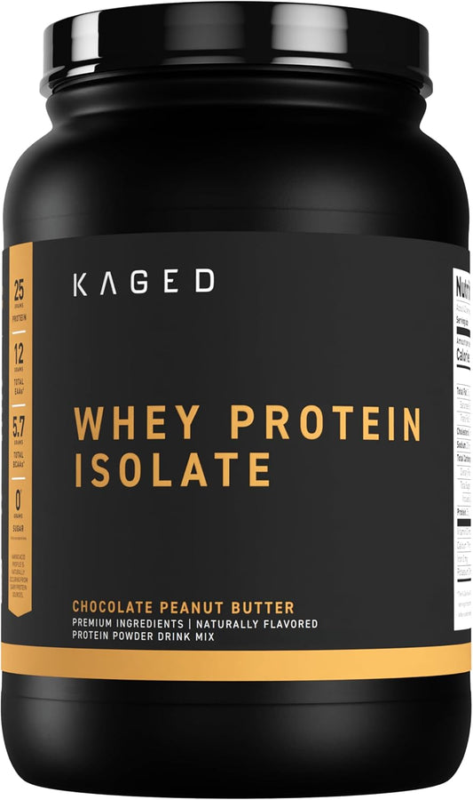 25 Serving Kaged Whey Protein Isolate Powder in PB Chocolate Flavor for Muscle-Building Post Workout Recovery Drink with 25g per Serving
