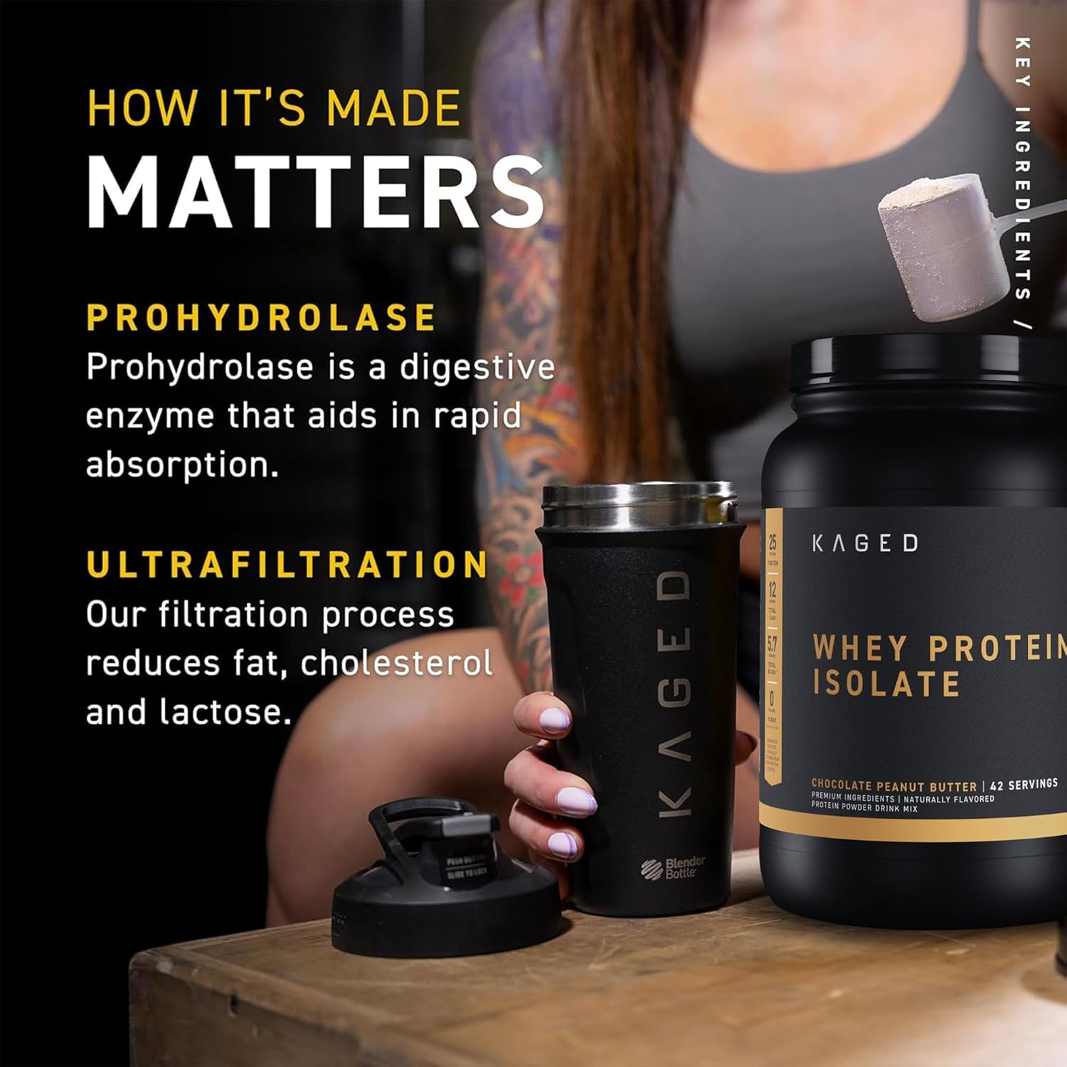 25 Serving Kaged Whey Protein Isolate Powder in PB Chocolate Flavor for Muscle-Building Post Workout Recovery Drink with 25g per Serving