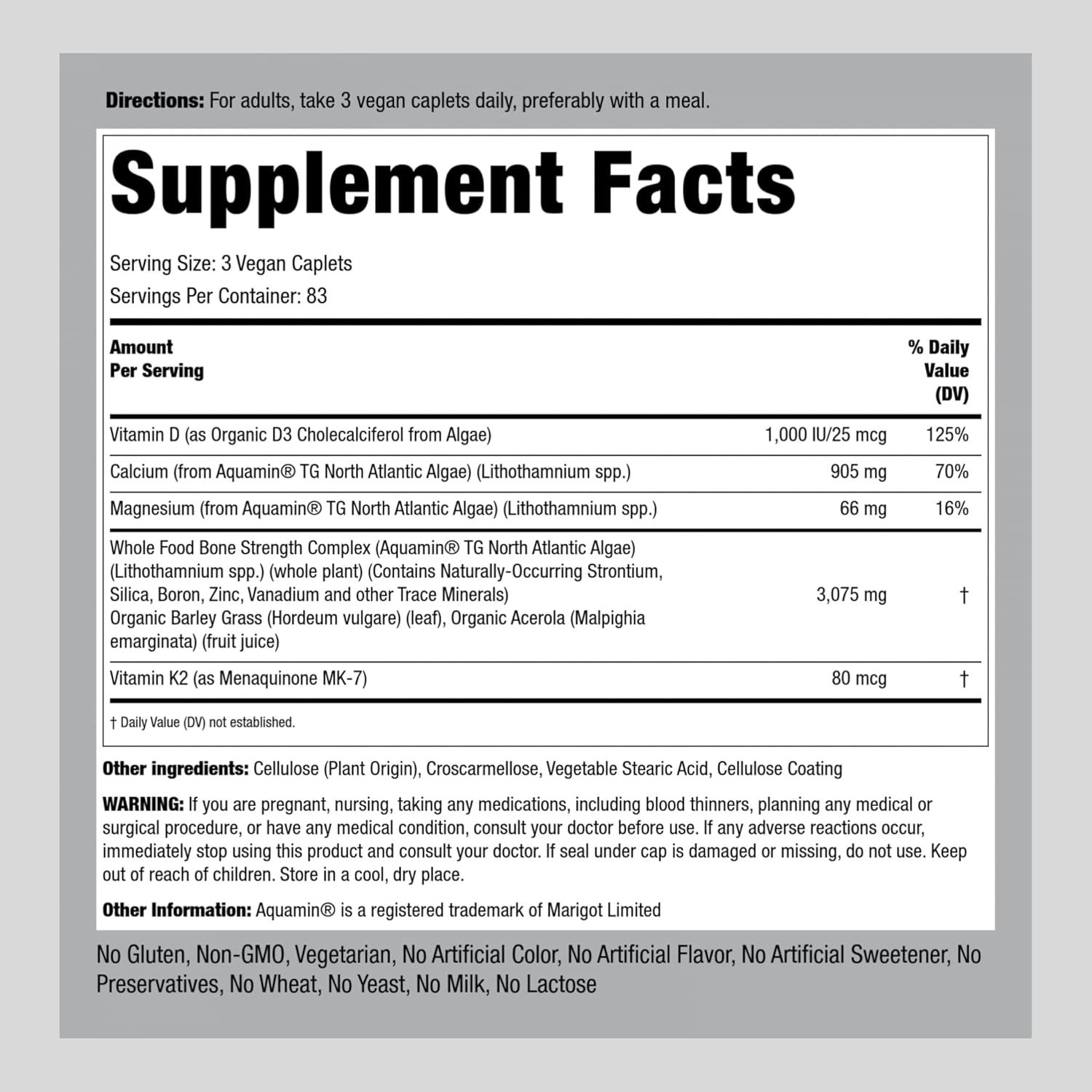 250 Caplets Bone Strength Supplement with Calcium, Magnesium, Vitamin D3, K2, and Zinc - Vegan, Non-GMO, Gluten Free by Piping Rock