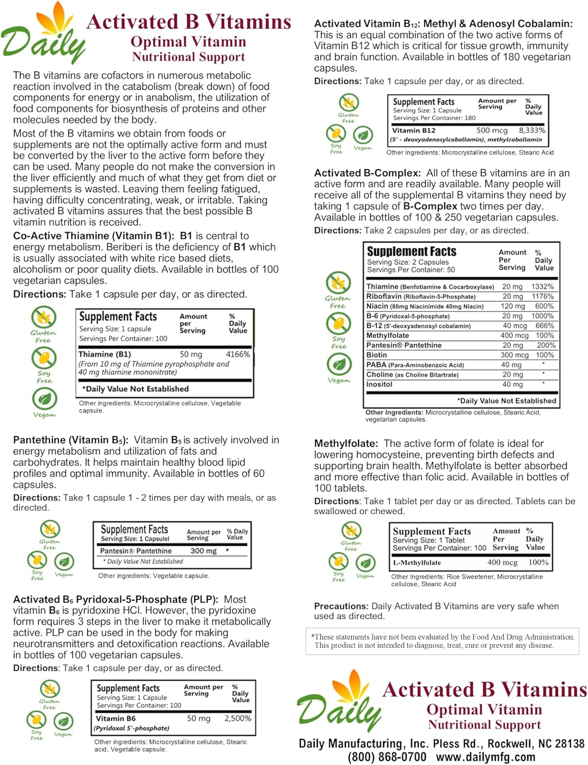 250 Capsules of Daily Manufacturing Activated B-Complex with Activated Multi B Vitamins