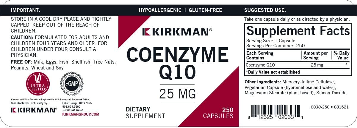 250 Capsules of Kirkman Coenzyme Q10-25 mg Supplement for Heart Health and Energy Boost