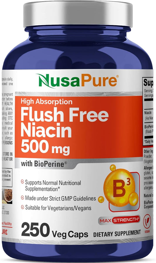 250 Capsules of NusaPure Flush-Free Niacin 500mg with Bioperine - Vegan and Non-GMO Formula