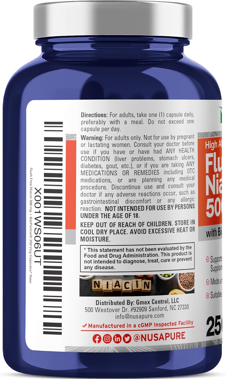 250 Capsules of NusaPure Flush-Free Niacin 500mg with Bioperine - Vegan and Non-GMO Formula