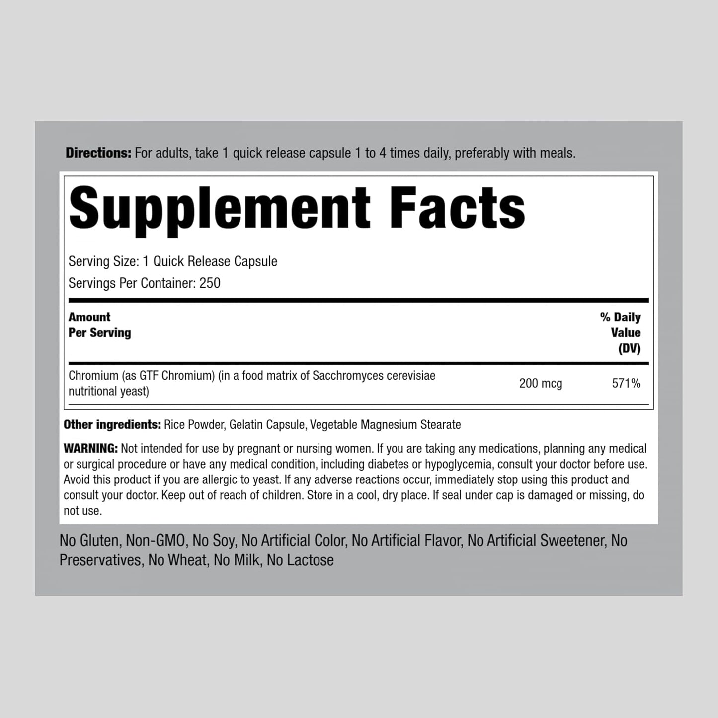 250 Capsules of Piping Rock GTF Chromium 200 mcg Supplement - Non-GMO & Gluten Free