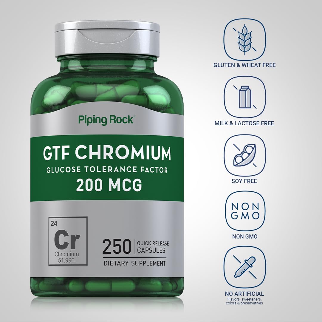 250 Capsules of Piping Rock GTF Chromium 200 mcg Supplement - Non-GMO & Gluten Free