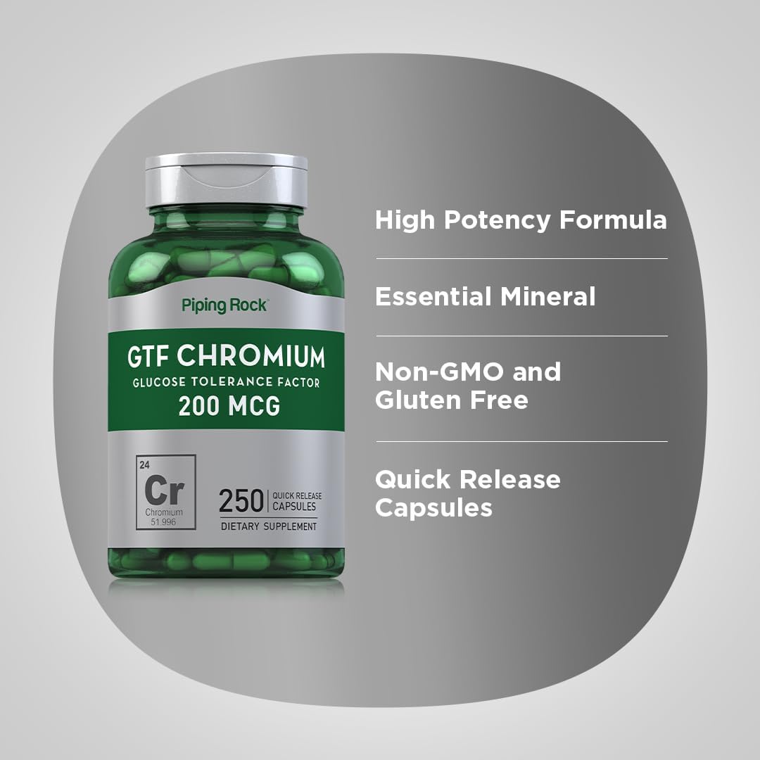 250 Capsules of Piping Rock GTF Chromium 200 mcg Supplement - Non-GMO & Gluten Free