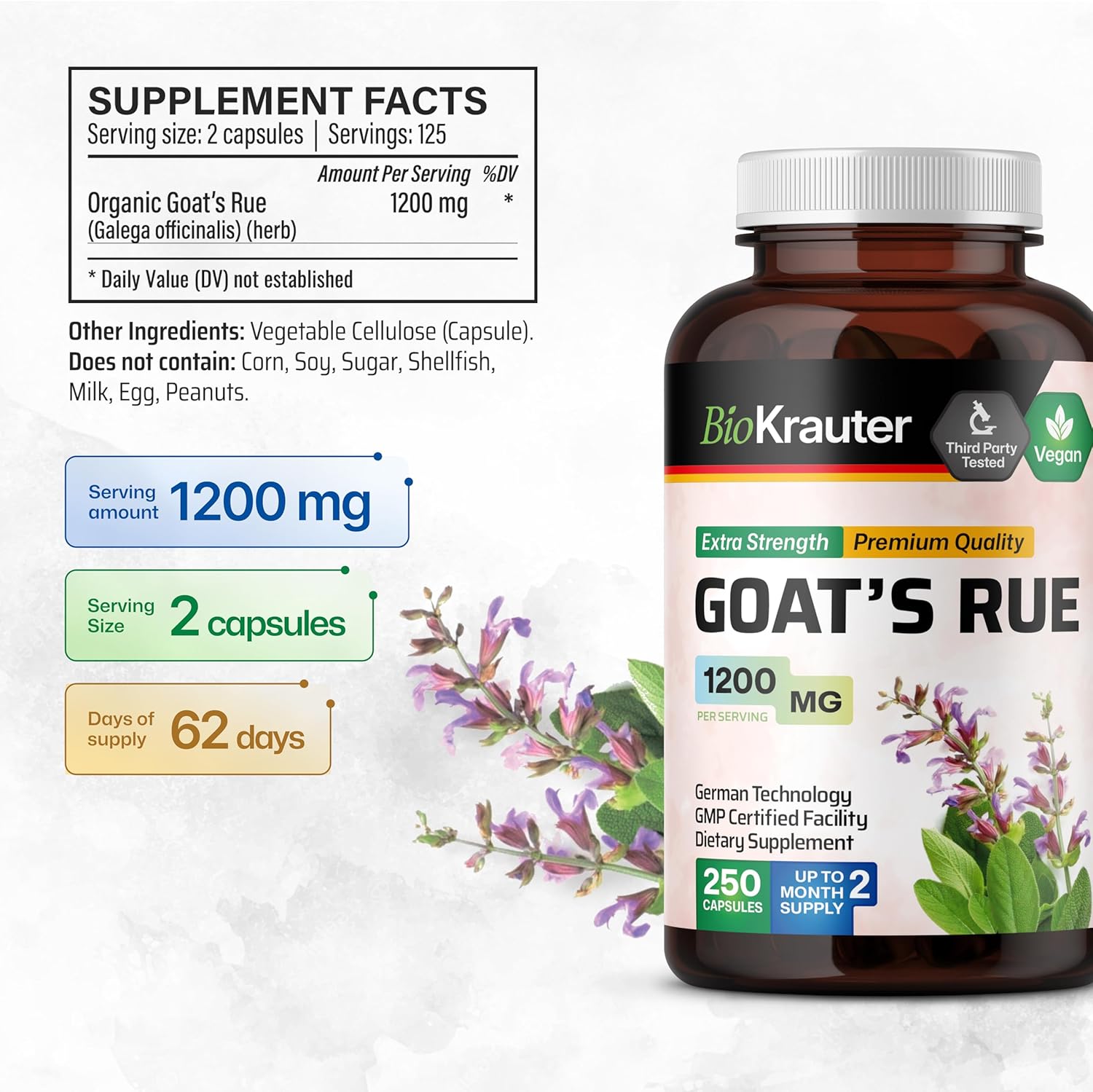 250 Count BIO KRAUTER Goats Rue Capsules 1200mg - Natural Lactation Support for Breastfeeding - Herbal Breastfeeding Supplements