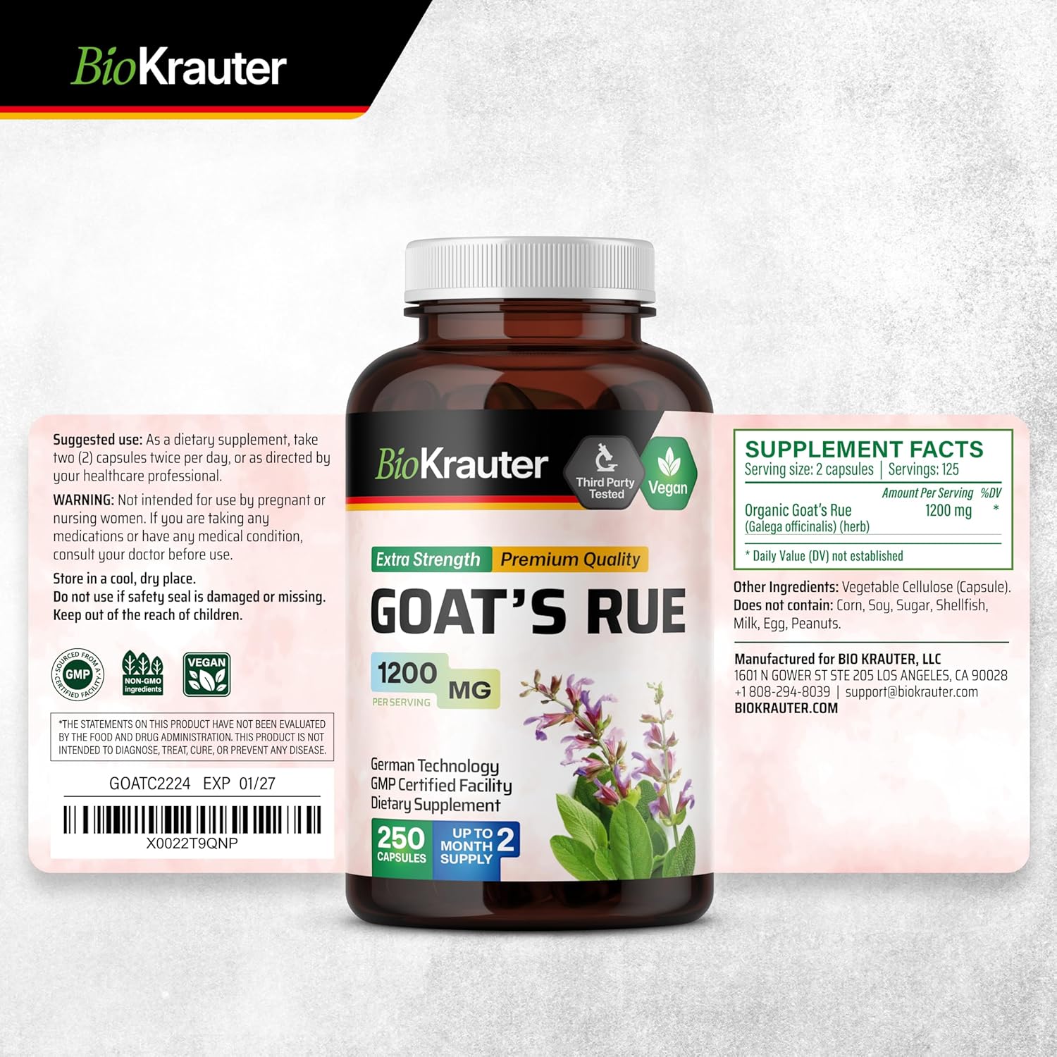 250 Count BIO KRAUTER Goats Rue Capsules 1200mg - Natural Lactation Support for Breastfeeding - Herbal Breastfeeding Supplements