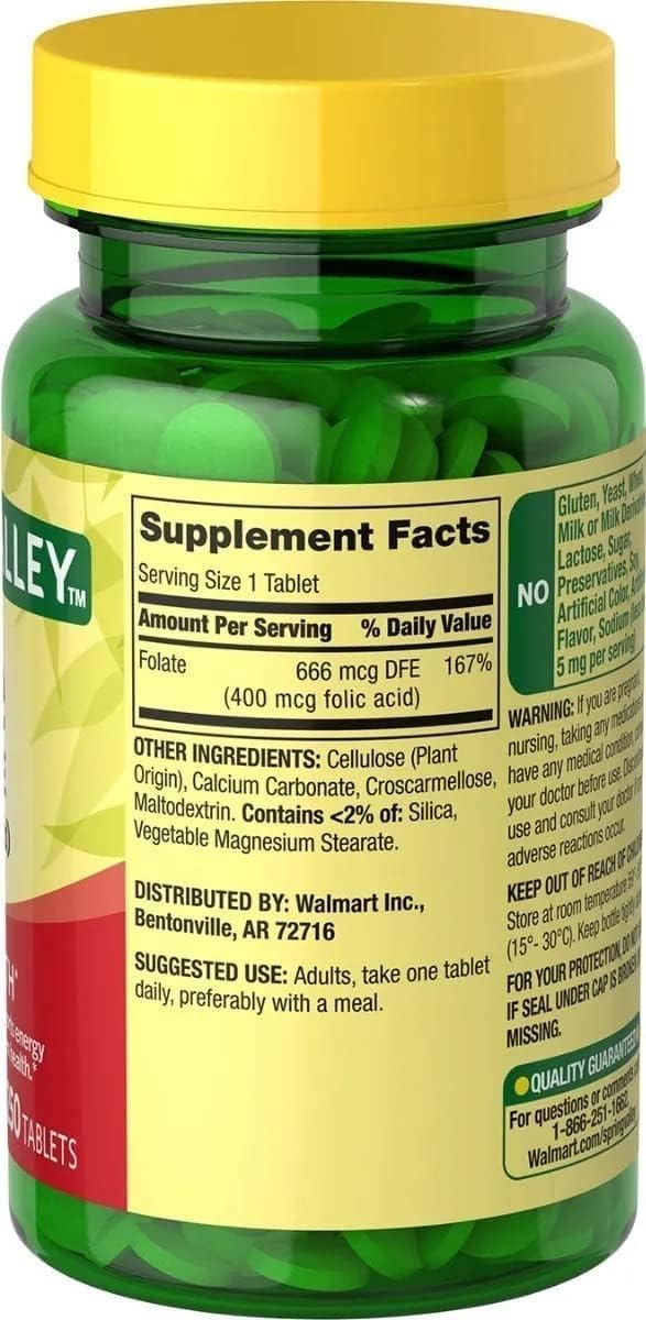 250 Count Folic Acid 400 MCG Dietary Supplement for Overall Health and Wellness