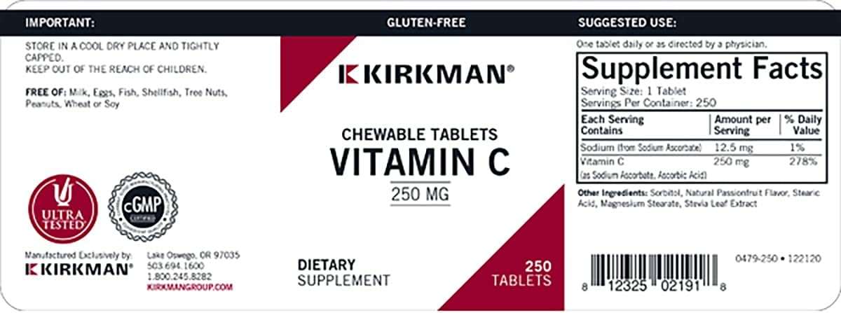 250 Count Kirkman Labs Vitamin C 250 mg Chewable Tablets with Stevia - High-Quality Supplement for Immune Support