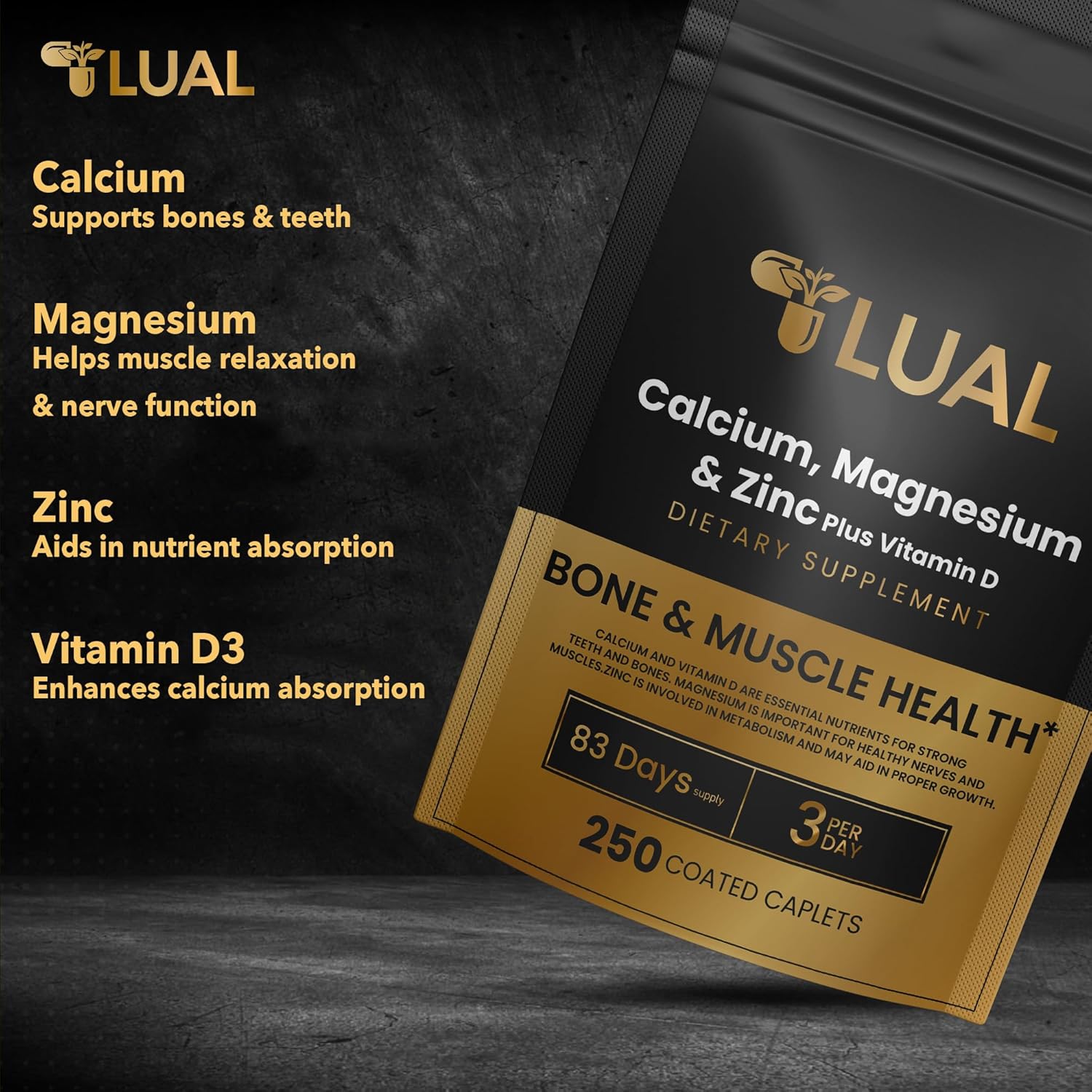 250 Count LUAL Calcium, Magnesium, Zinc, and Vitamin D3 Caplets Dietary Supplement