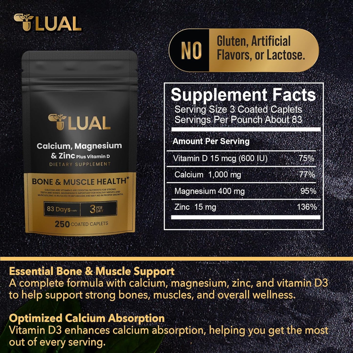 250 Count LUAL Calcium, Magnesium, Zinc, and Vitamin D3 Caplets Dietary Supplement