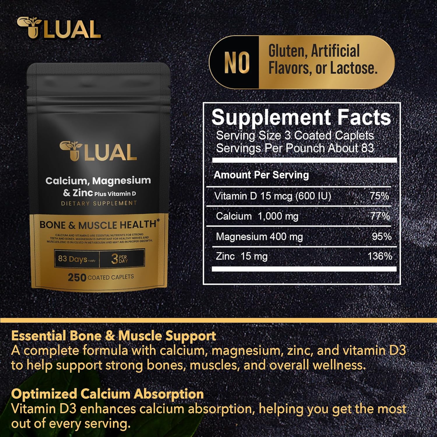 250 Count LUAL Calcium, Magnesium, Zinc, and Vitamin D3 Caplets Dietary Supplement