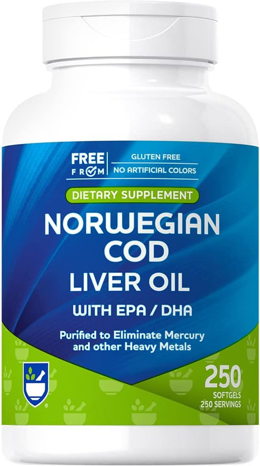 250 Count Rite Aid Cod Liver Oil Softgels with EPA and DHA for Heart, Brain, and Vision Health