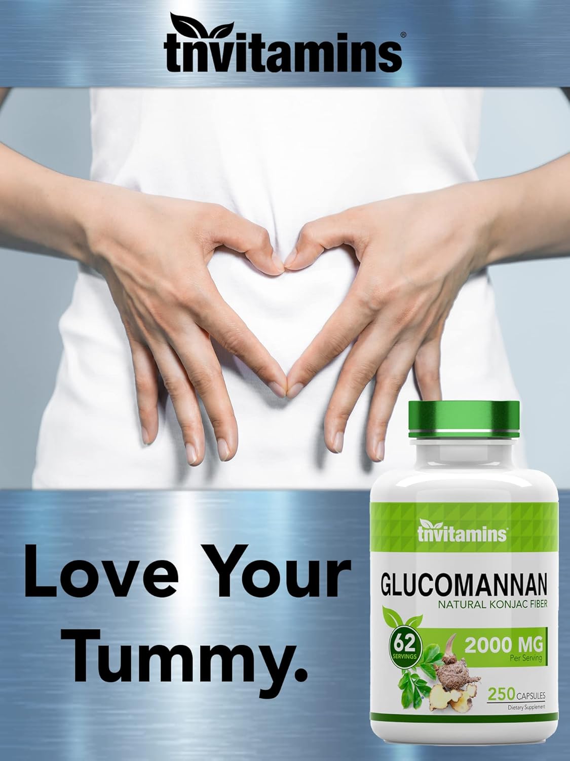 250 Count tnvitamins Glucomannan Capsules 2000 MG | Natural Konjac Root Fiber Extract Powder Supplement | Soluble Dietary Digestive Fiber Pills | Made in USA