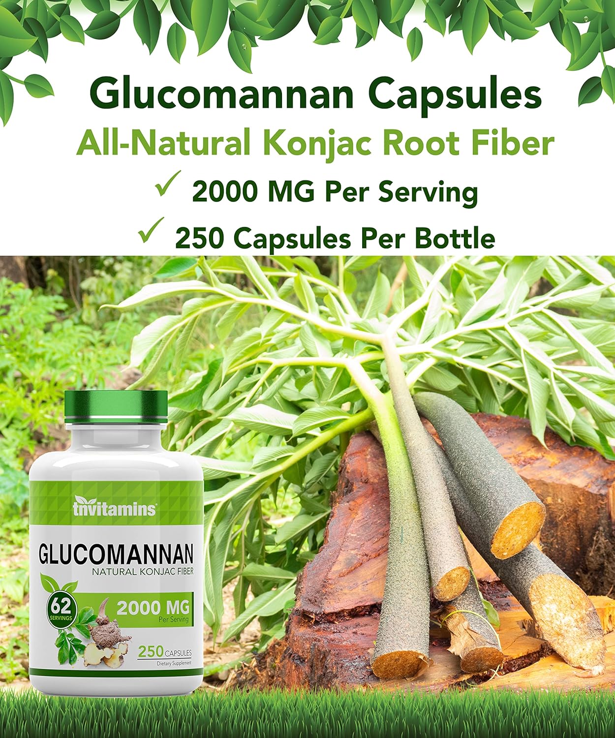 250 Count tnvitamins Glucomannan Capsules 2000 MG | Natural Konjac Root Fiber Extract Powder Supplement | Soluble Dietary Digestive Fiber Pills | Made in USA