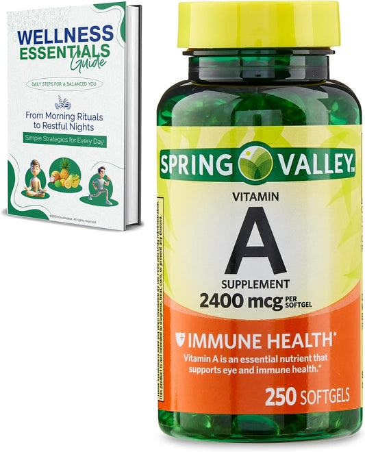 250 Count Vitamin A Softgels for Immune, Eye & Vision Health Support - 2400 mcg Vitamina A Supplement - Gluten-Free, Essential Daily Maintenance