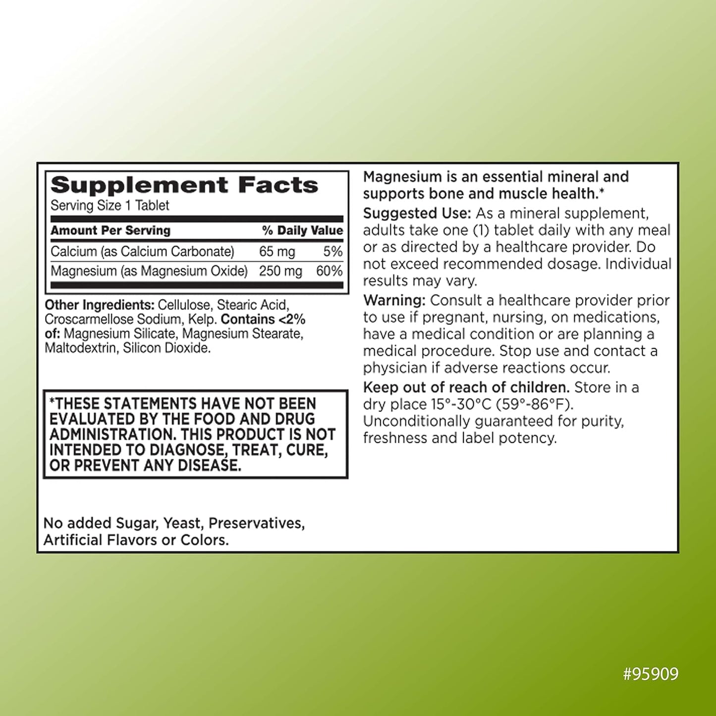 250 mg Magnesium Oxide Tablets - Gluten Free Dietary Mineral Supplement for Muscle, Heart, Bone, Nerve Health - 100 Count