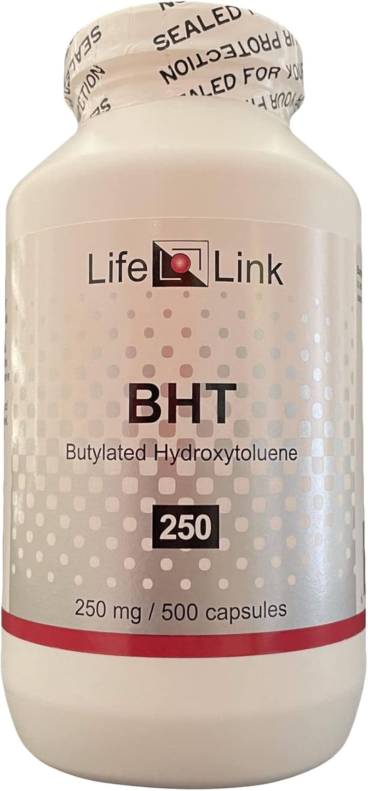 250 mg x 500 Capsules of LifeLink BHT (Butylated Hydroxytoluene) for Antioxidant & Anti-Aging Benefits - Gluten Free & Non-GMO