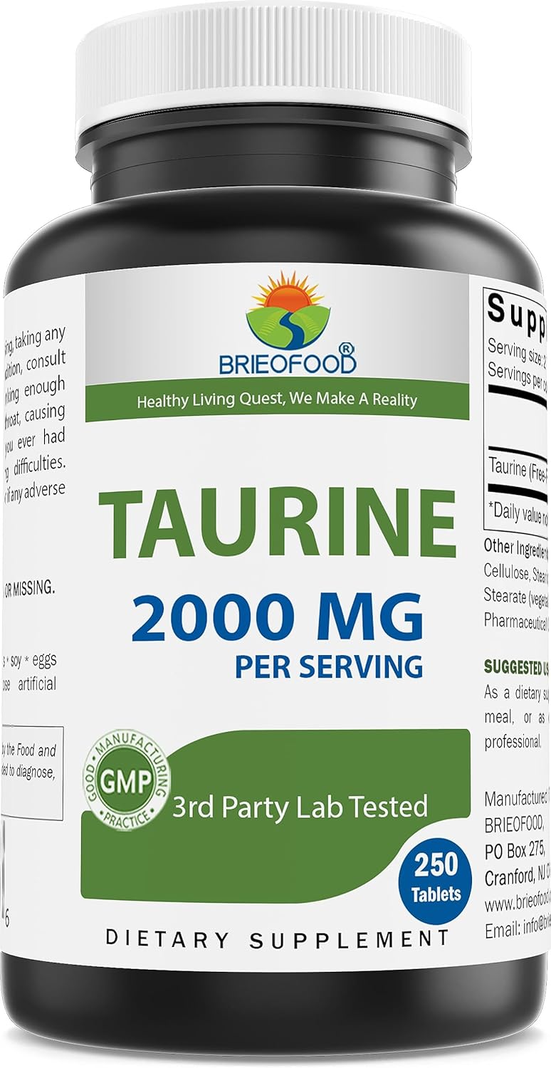 250 Tablets of Brieofood Taurine with 2000 mg per Serving - Certified Purity & Quality Tested by 3rd Party Lab